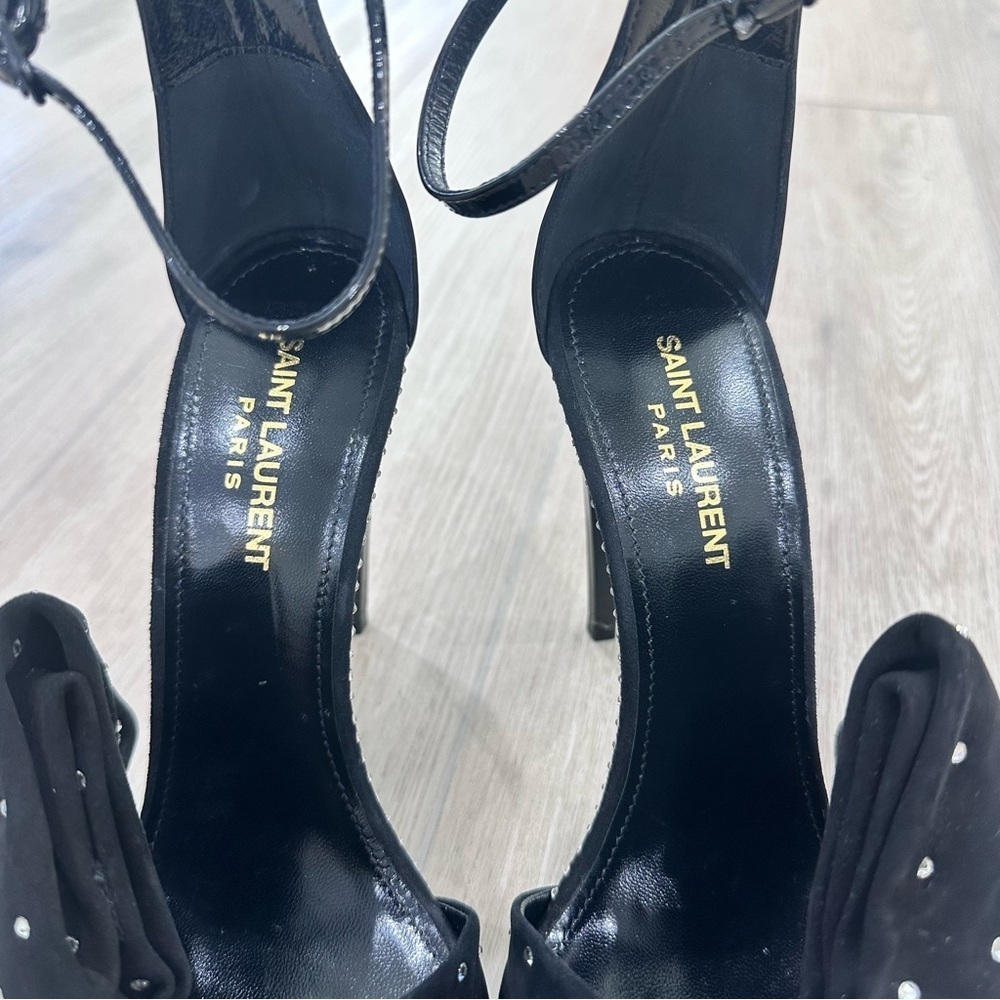 NWT Saint Laurent Freja suede bow crystal open toe heels black 9 EUR 39.5 - Picture 6 of 13